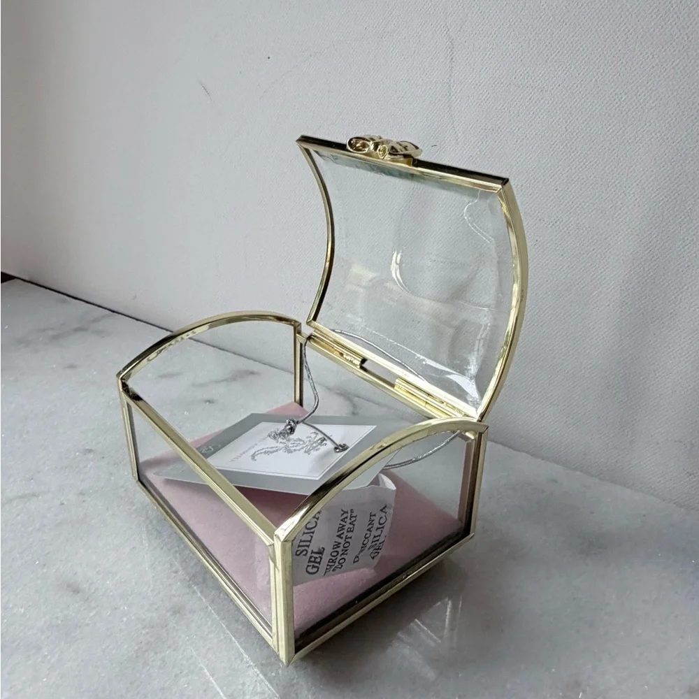 Gold trim and Glass Jewelry Box vintage style pink cushion